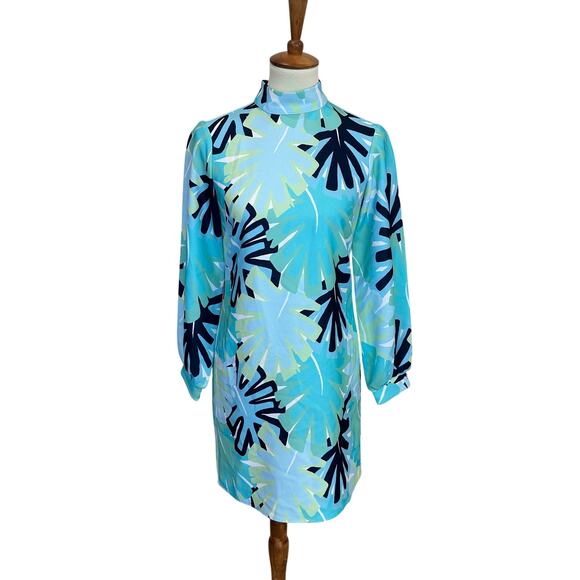 Sail to Sable Blue Shift Mini Dress Size 2 Vacation Mod Palm Tree Designer  $275 - Picture 4 of 10